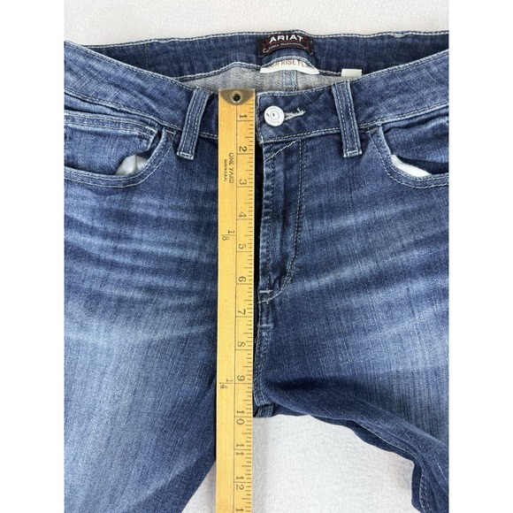 Ariat Womens High Rise Flare Jeans Chimayo Print Dark Wash Denim Sz 30S Raw Hem - Picture 5 of 13